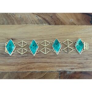 Vintage VENDOME Faux Carved Jade Panel Bracelet Goldtone